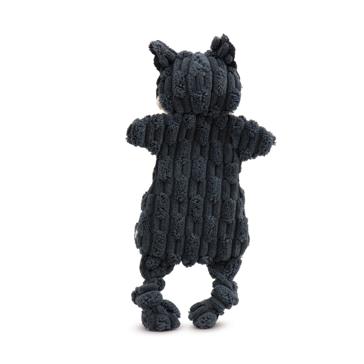 Back of gray plush wolf dog toy with textured fabric and knotted legs