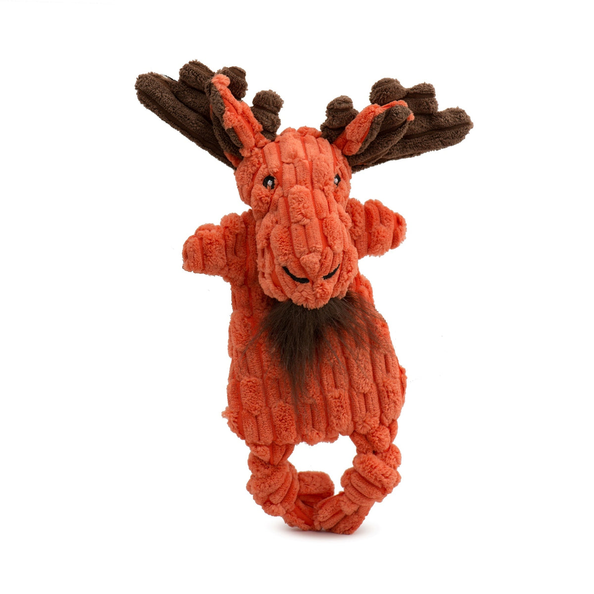 Orange plush moose dog toy with brown antlers and knotted legs