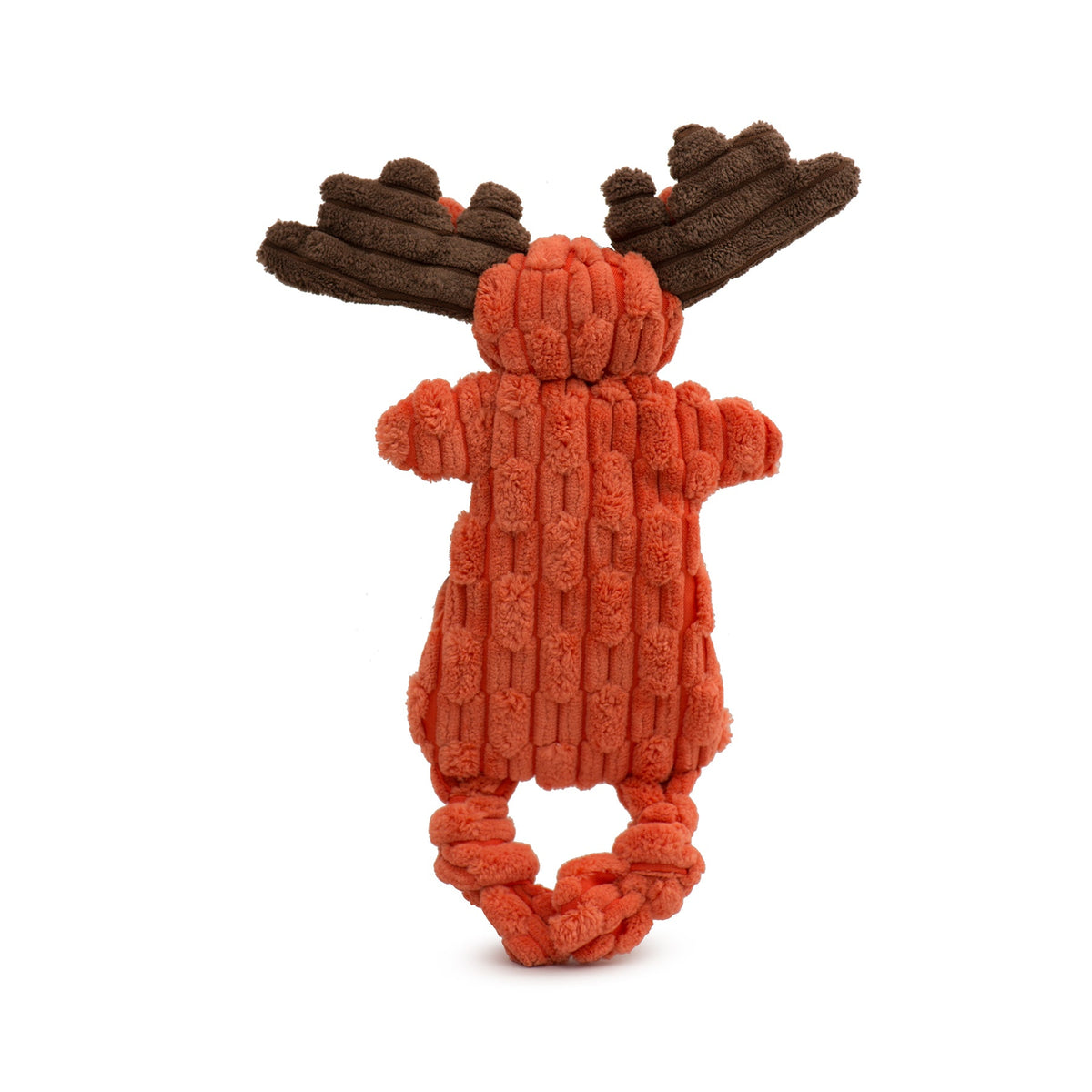 Back of orange plush moose dog toy with brown antlers and knotted legs