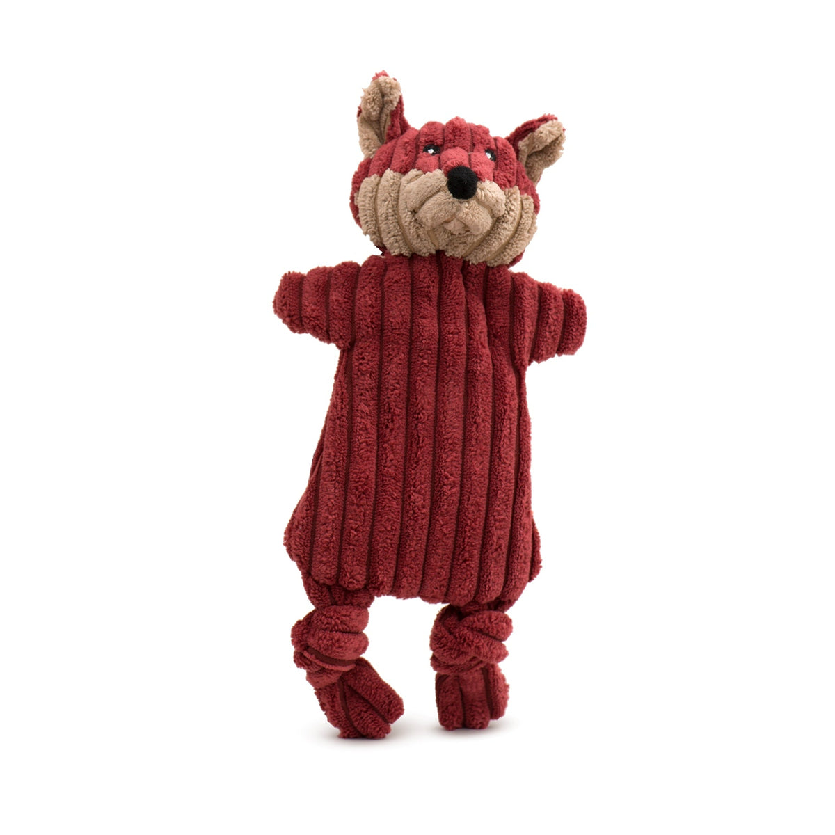 Red plush fox dog toy with tan muzzle and knotted legs