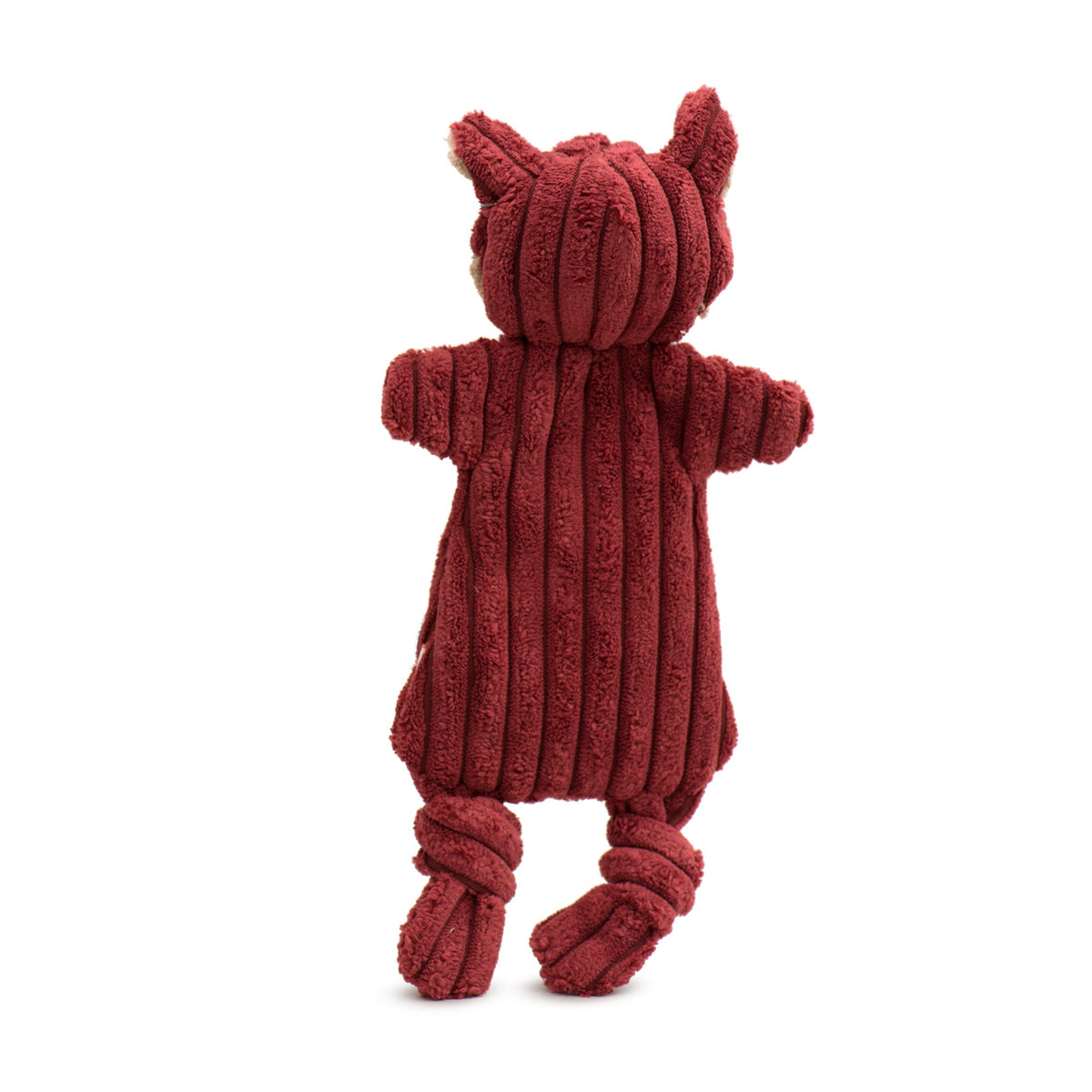 Back of red plush fox dog toy with textured fabric and knotted legs