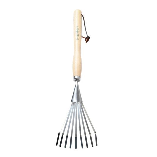 Stainless steel shrub rake with wooden handle and spreading metal tines