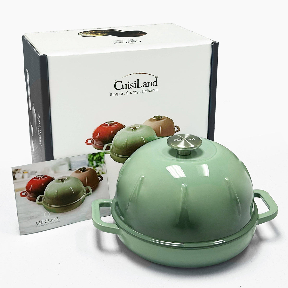 Green cast iron bread cloche with dome lid and side handles on base