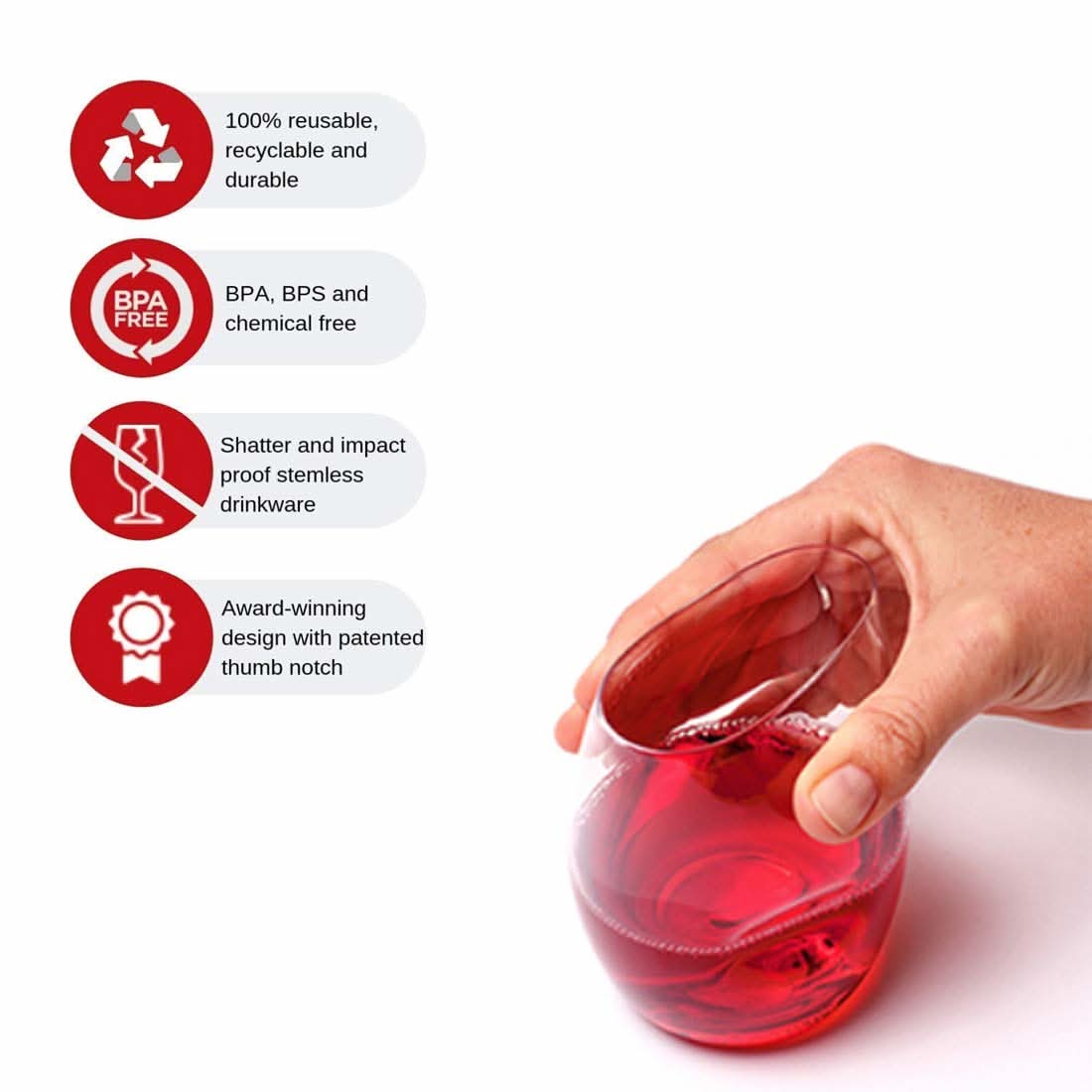 Red wine in a clear stemless shatterproof wine glass with thumb-grip base