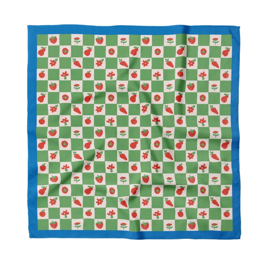 Cotton bandana with green-and-white checker pattern, red icons, and blue border