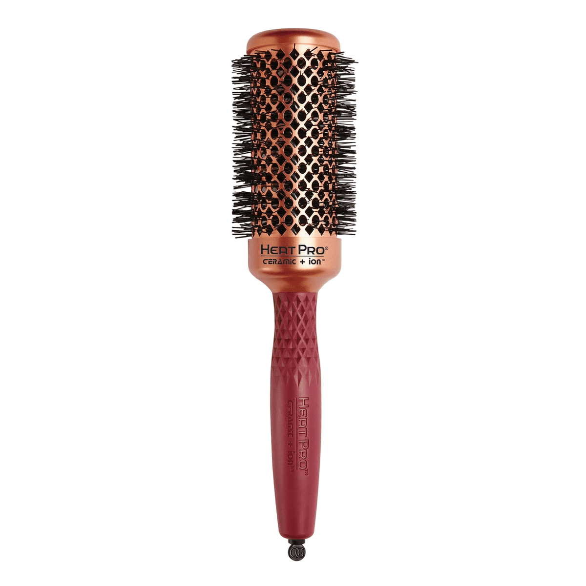 HeatPro ceramic ion hair brush with burgundy handle and 1 1/4" barrel