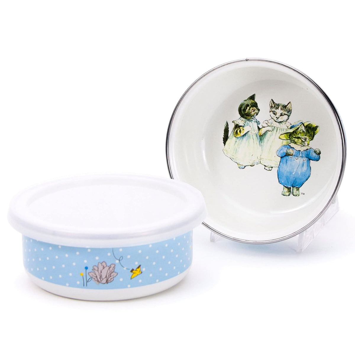 Enamel child dinner plate and lidded bowl with two kittens in blue outfits.