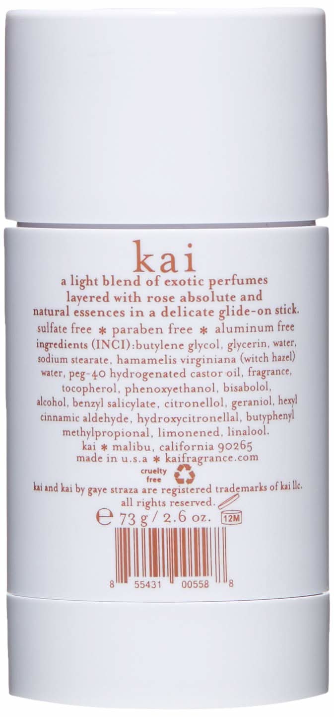 kai Rose deodorant stick, white tube with back label showing ingredients and claims