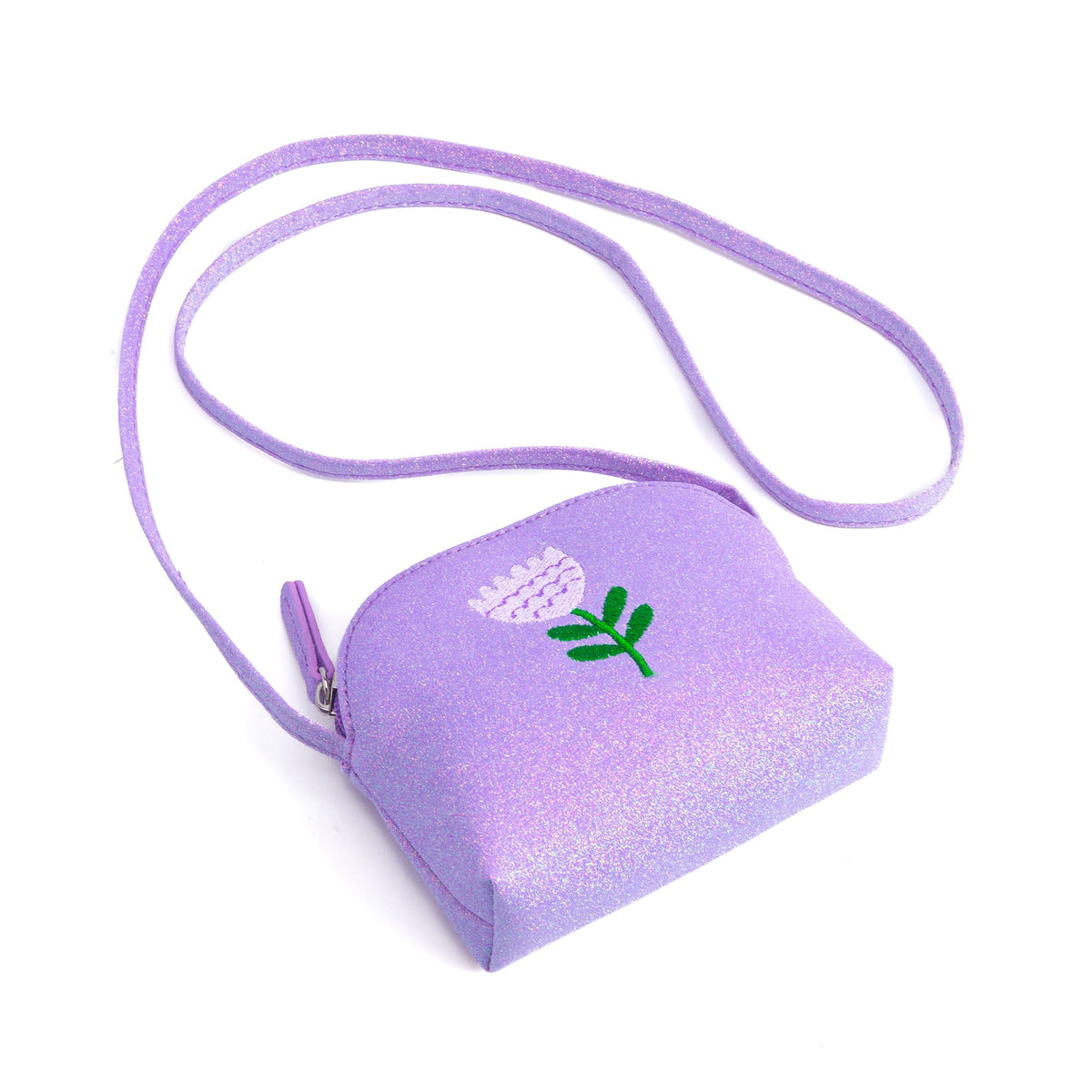 Purple glitter crossbody purse with a long strap and embroidered flower