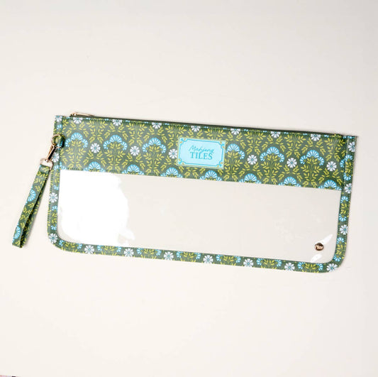 Forest green floral zipper pouch for holding Mahjong tiles, with wrist strap