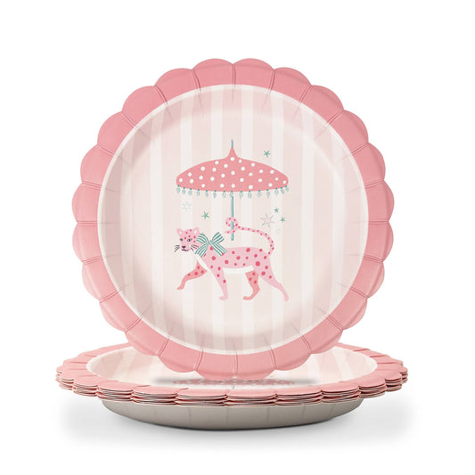 Scalloped pink dessert plate with leopard under carousel illustration, round paper plate