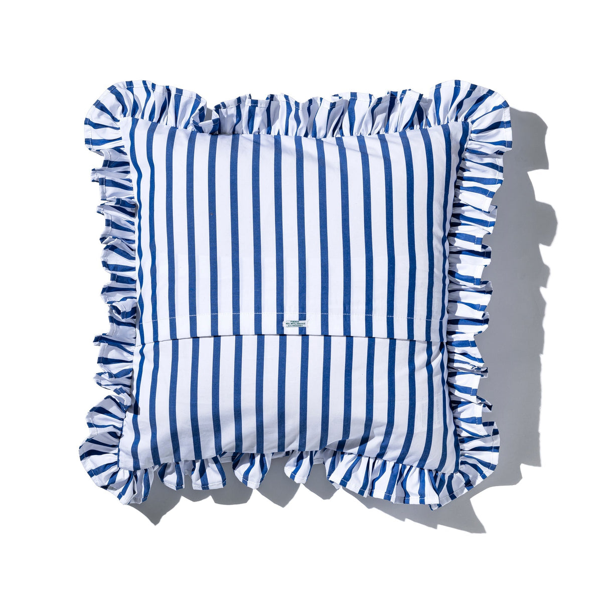 White and blue vertical stripe ruffle cushion cover with gathered edges