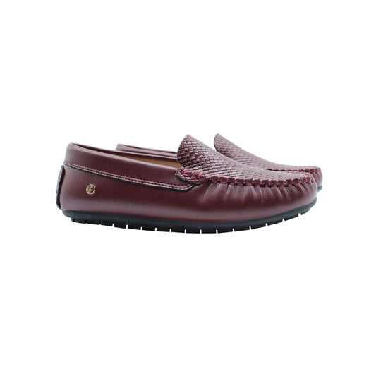 Burgundy leather loafer slip-on with stitched moc toe and side detailing