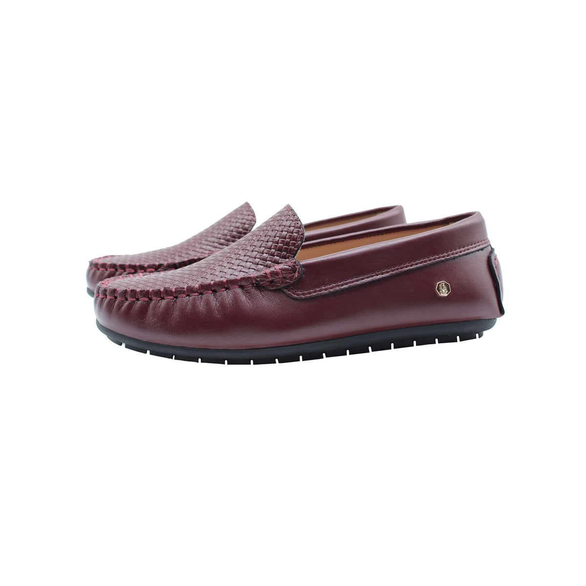 Burgundy leather loafer slip-on with woven upper and low rubber sole