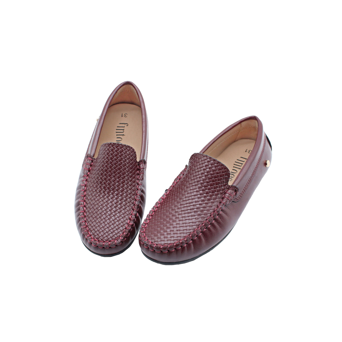 Burgundy leather loafer slip-on with woven vamp and moc stitching