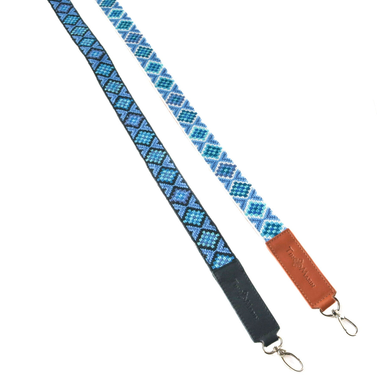 Woven bag straps, blue geometric pattern with tan leather tabs and metal clasps