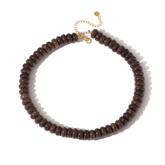 Brown donut-bead necklace with gold-tone lobster clasp