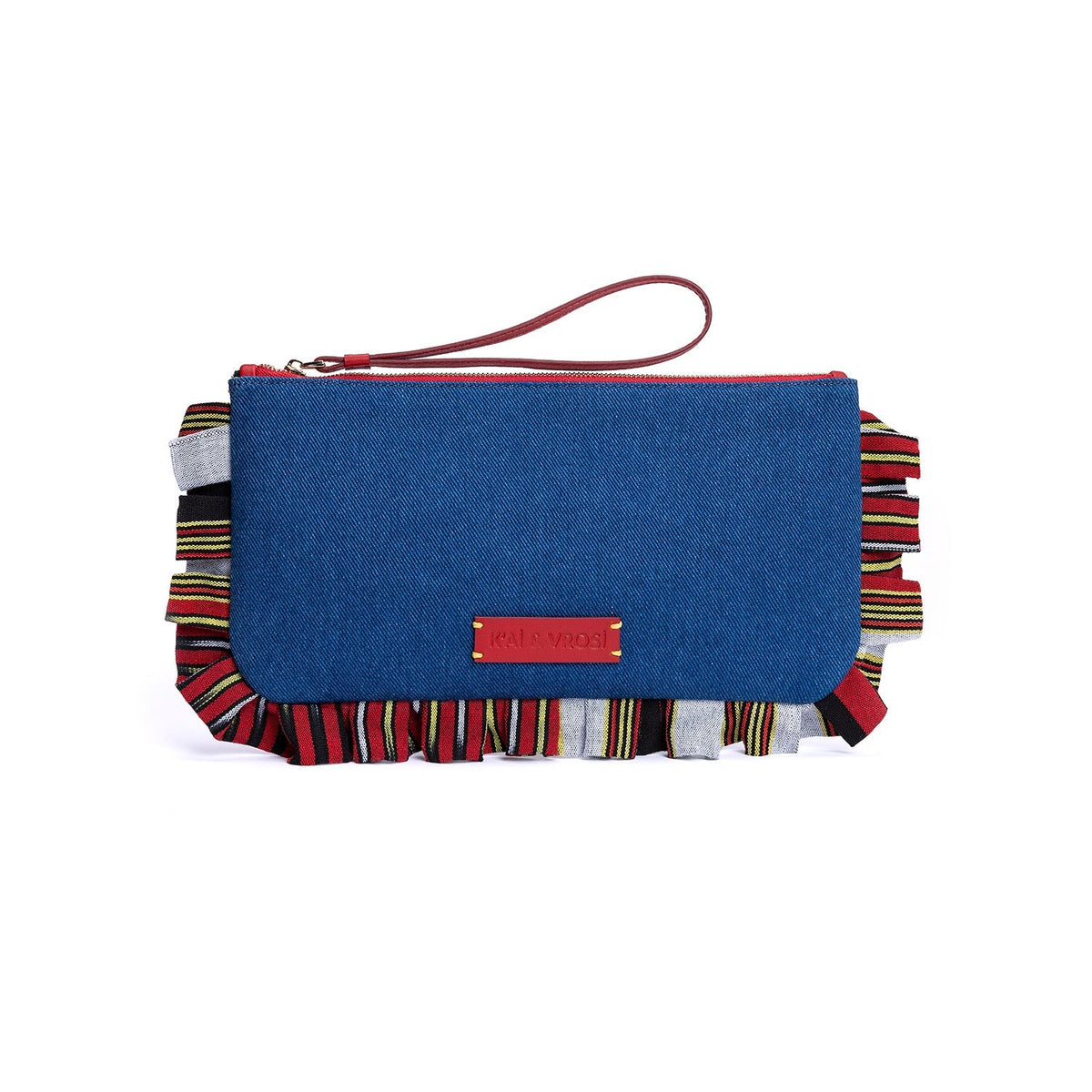 Denim clutch bag with blue flap, red wrist strap, striped fabric trim along bottom