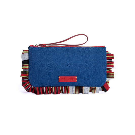 Denim clutch bag with blue flap, red wrist strap, striped fabric trim along bottom