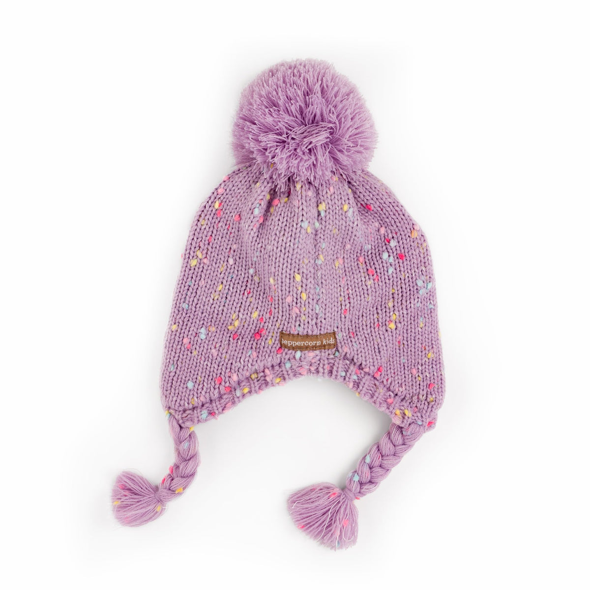 Purple knit earflap hat with colorful flecks, braided ties, and a pom-pom