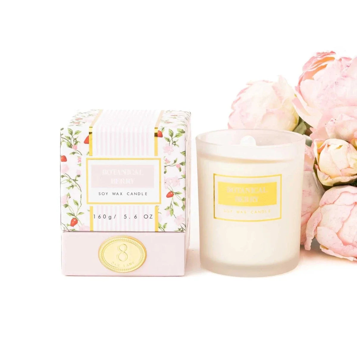Boxed 5.6 oz soy wax candle with floral botanical label and white wax jar