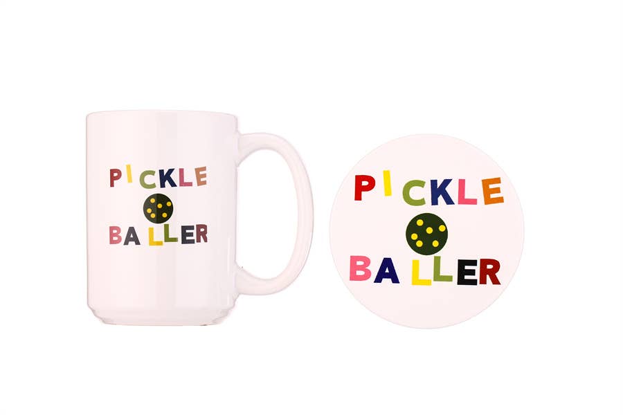 Pickle Baller white mug with matching round coaster, both printed with colorful lettering and a ball.