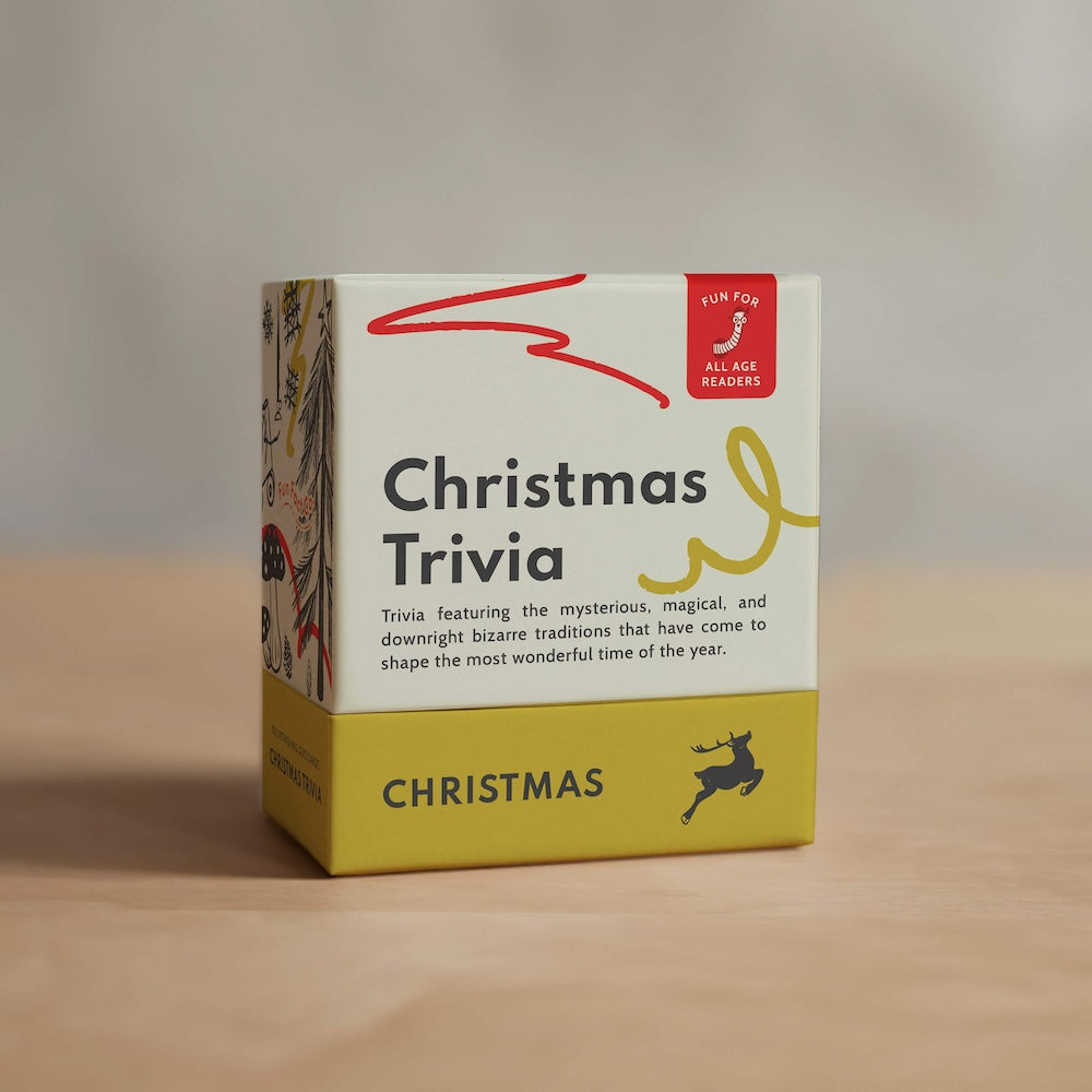 Christmas trivia card game box, front panel with reindeer and “Christmas” label