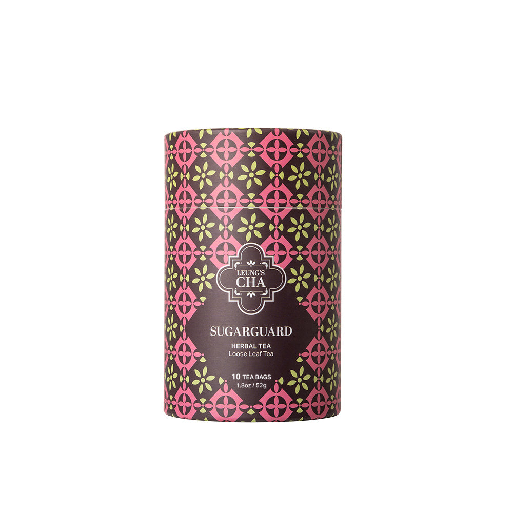 Herbal tea tin with SugarGuard label and pink green floral pattern on front