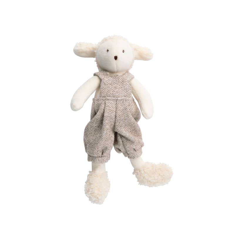 Small stuffed sheep toy in gray overalls, beige plush legs