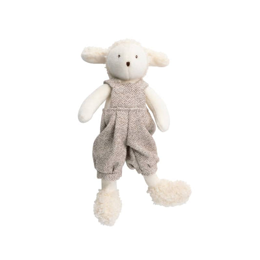 Small stuffed sheep toy in gray overalls, beige plush legs