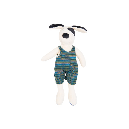 Plush dog toy with black ears and nose, wearing blue striped overalls