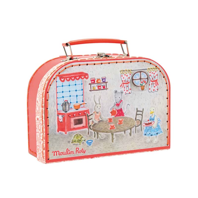 Moulin Roty tea set suitcase with illustrated kitchen and tea party scene