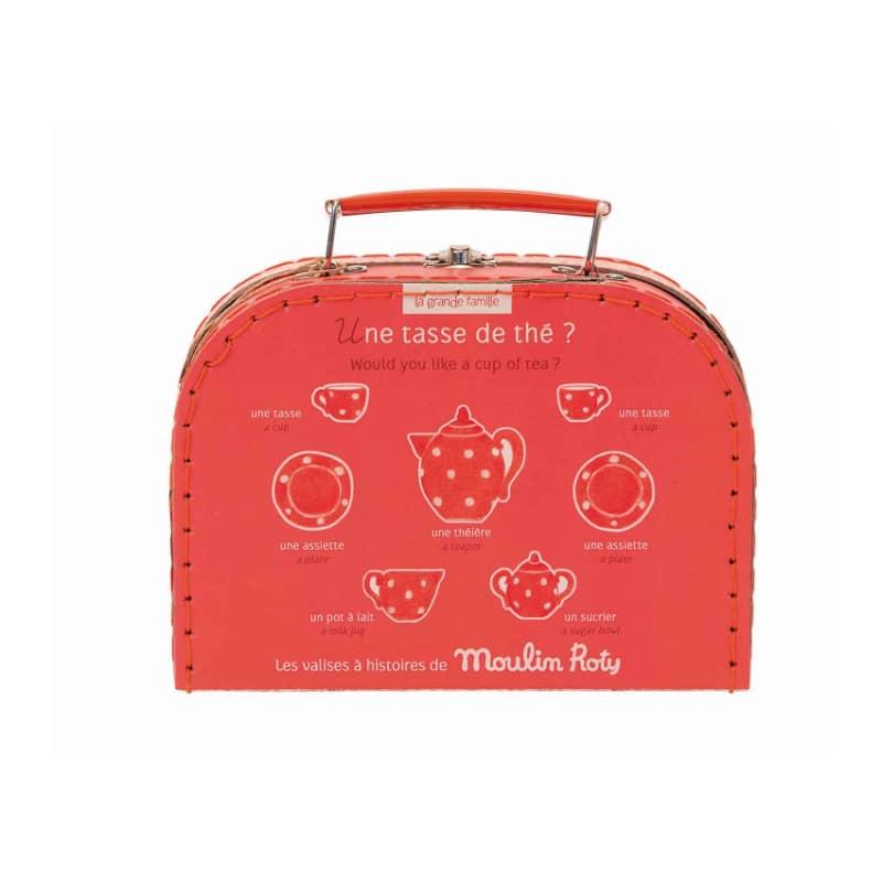 Red tea set suitcase with printed diagrams of the ceramic pieces