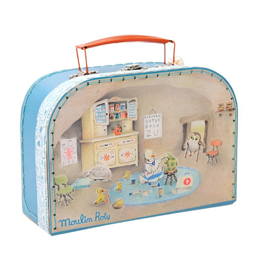Moulin Roty toy doctor play suitcase with illustrated clinic scene and orange handle