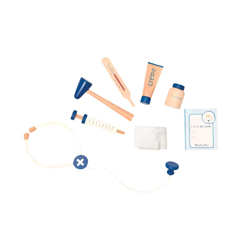 Toy doctor medical set accessories: stethoscope, thermometer, cream tube, bandage