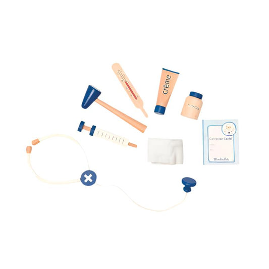 Toy doctor medical set accessories: stethoscope, thermometer, cream tube, bandage