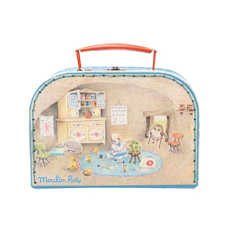 Moulin Roty toy doctor play suitcase showing illustrated clinic toys and orange handle