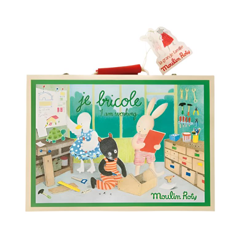 Wooden play handyman tool suitcase with open front panel illustration, Moulin Roty