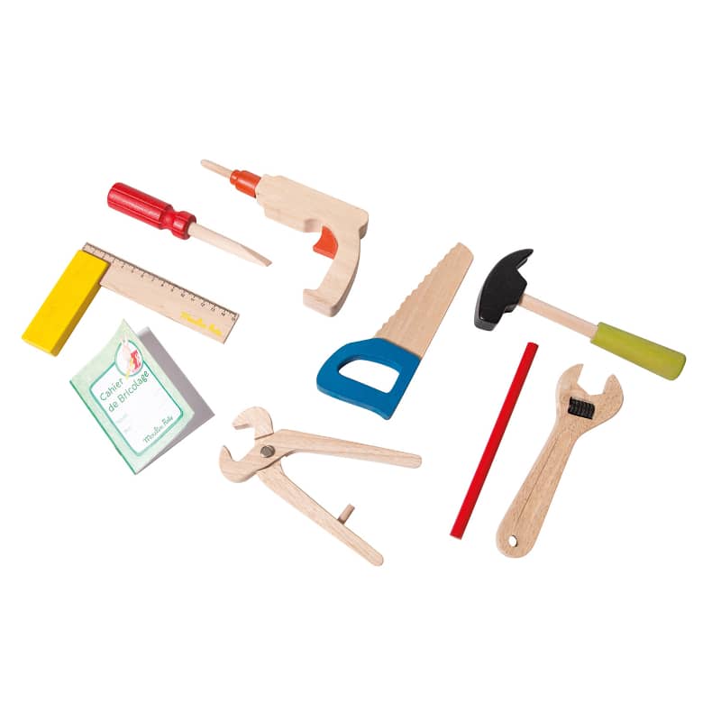 Wooden toy handyman tools set with hammer, wrench, and red-handled screwdriver