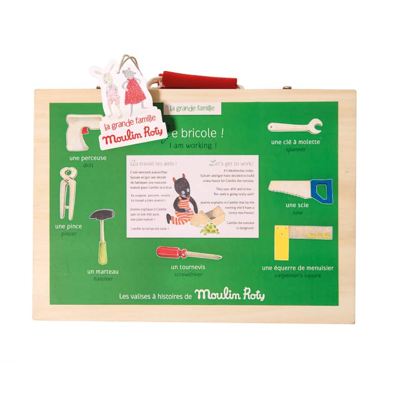 Wooden tool suitcase with green instruction board and red pencil case, Moulin Roty