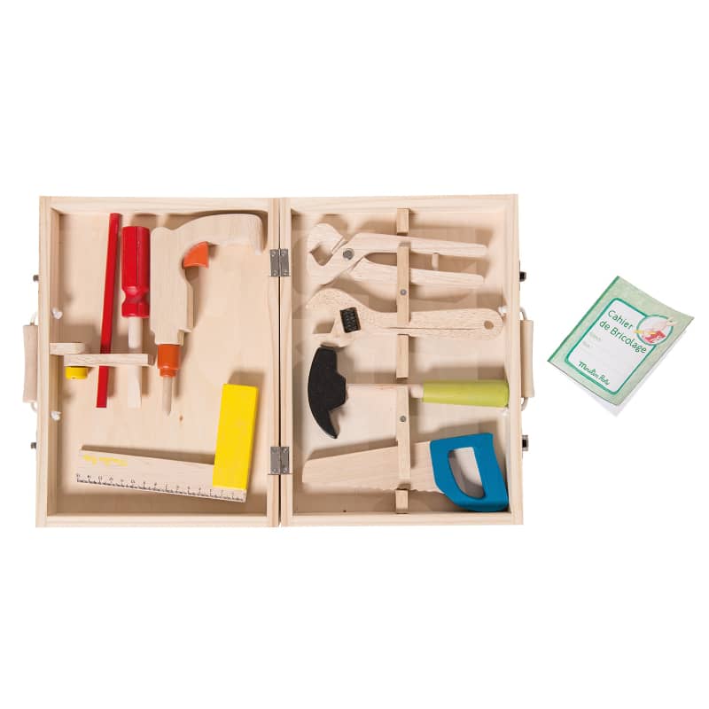 Wooden play tool suitcase open with tools in compartments, including hammer and wrench