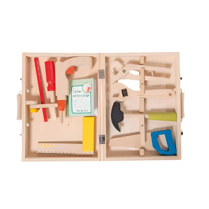 Wooden play tool suitcase open, showing screwdriver, drill, and blue-handled tool
