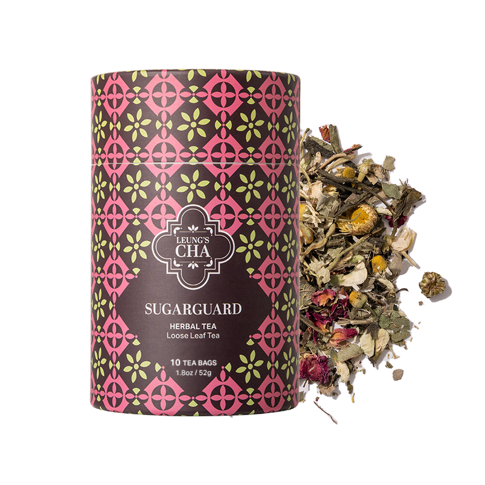 Herbal tea tin with SugarGuard label and loose tea leaves shown beside it