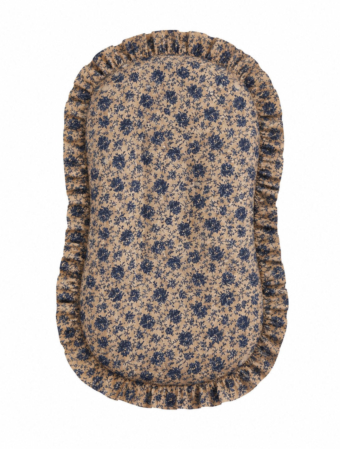 Baby lounger cover with ruffled edges and a blue floral print on a tan ground