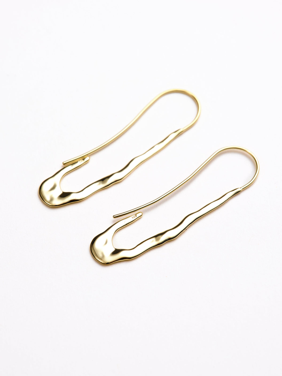 Gold paperclip earrings, two wavy elongated links with hook closures