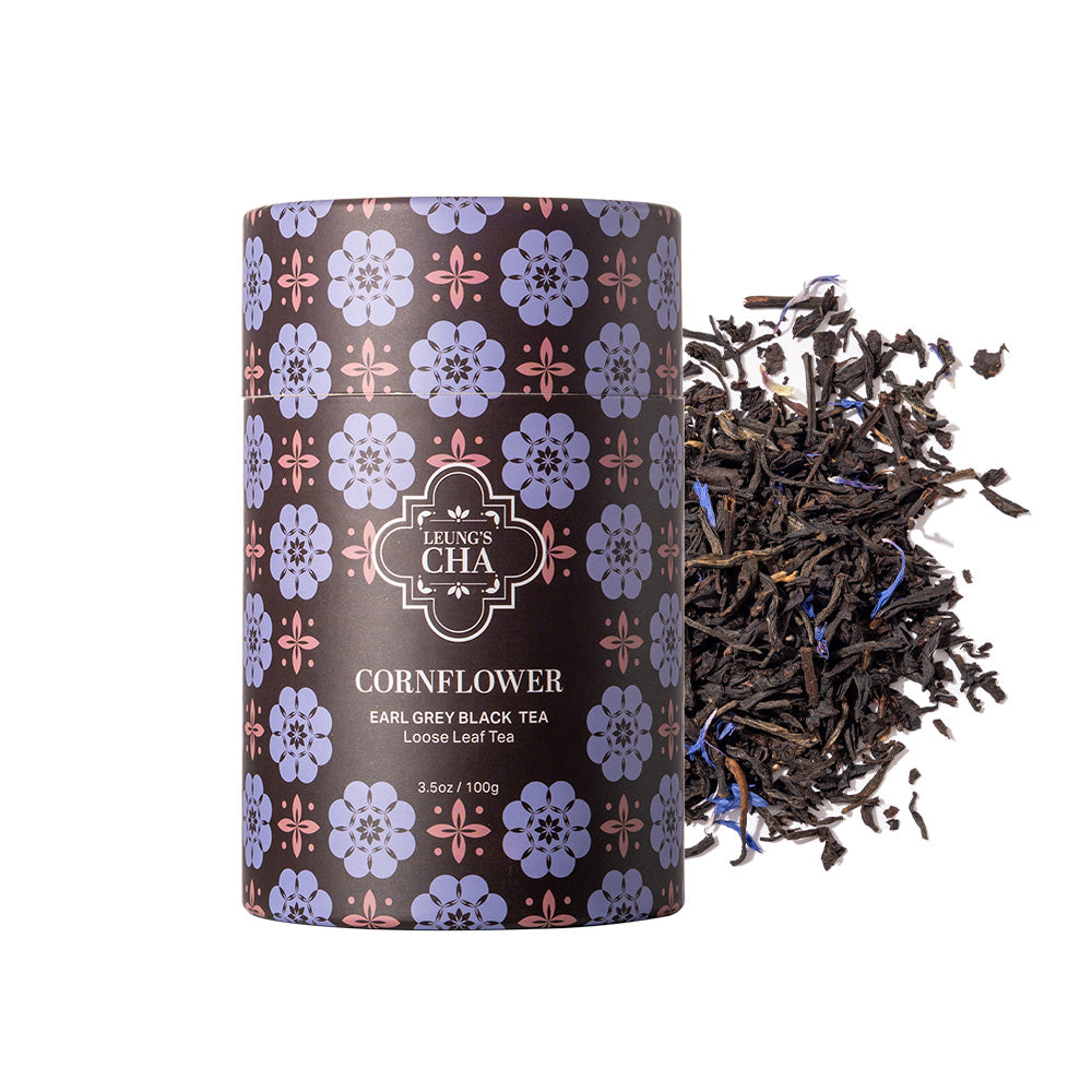 Purple floral tea tin, Leung's Cha label, with Earl Grey black tea leaves