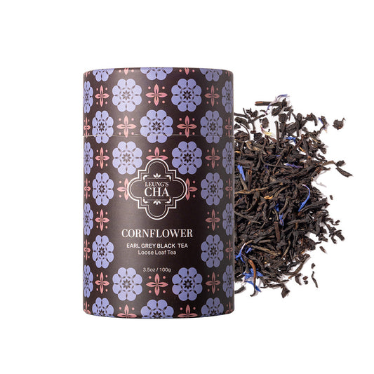 Purple floral tea tin, Leung's Cha label, with Earl Grey black tea leaves