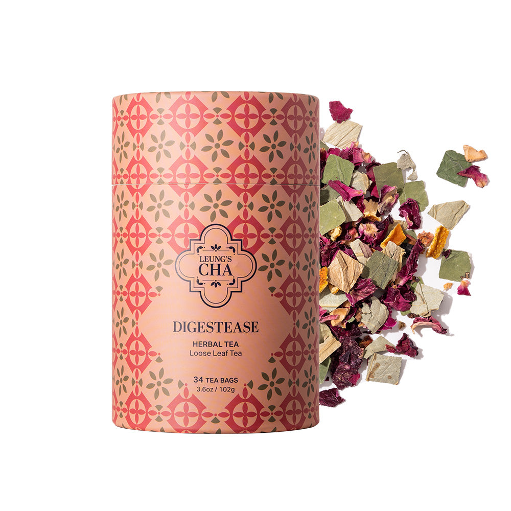 DigestEase herbal tea tin with patterned label and loose tea leaves