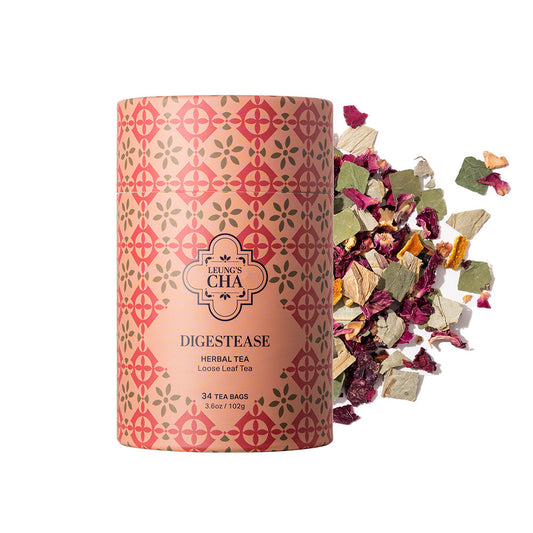 DigestEase herbal tea tin with patterned label and loose tea leaves