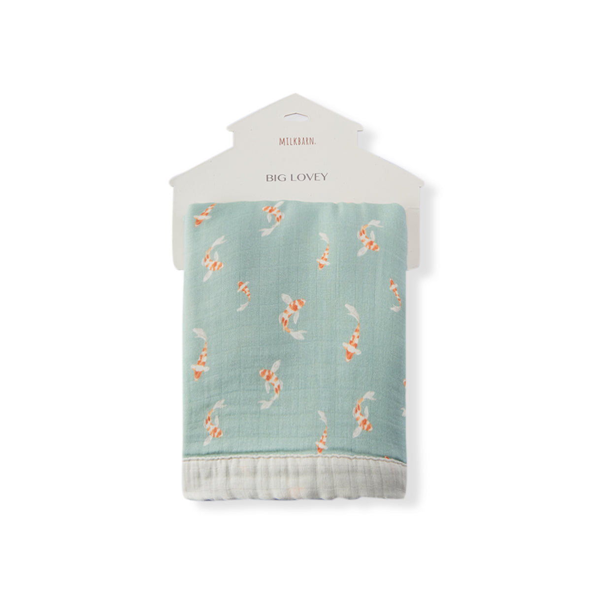 Teal koi fish lovey blanket with off-white hem border